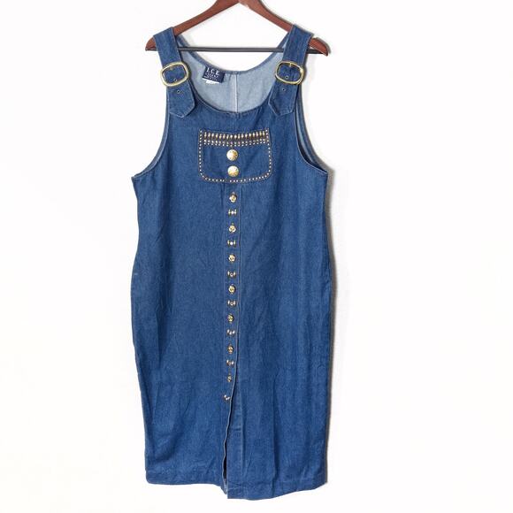 Ice Dresses & Skirts - ICE LOOK Denim Jumper Dress Gold Buttons Stud Trim Western Style USA Vintage XL
